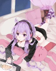 1girl :&lt; bed blanket blurry blush carrot closed_mouth collarbone commentary_request curtains drawing_tablet headphones highres indoors long_hair long_sleeves lying mochisiku nail_polish night on_stomach pillow purple_eyes purple_hair purple_thighhighs revision shorts solo striped_clothes striped_thighhighs stuffed_animal stuffed_rabbit stuffed_toy stylus thighhighs twintails v-shaped_eyebrows vocaloid voiceroid window yuzuki_yukari
