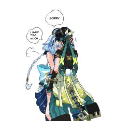 1boy 1girl ahoge arm_around_waist arm_tattoo arms_at_sides black_gloves black_hair black_shirt black_sleeves blonde_hair blue_bow blue_hairband blue_skirt blunt_bangs bow bracer braid chest_harness clothes_around_waist cocotsuko1204 dark-skinned_female dark_skin fingerless_gloves fur-lined_gloves genshin_impact gloves green_hair green_headband green_pants green_sleeves hair_over_eyes hairband hand_in_another&#039;s_hair hand_on_another&#039;s_head harness headband hetero high_ponytail highres hug jacket jacket_around_waist kinich_(genshin_impact) large_bow long_braid mualani_(genshin_impact) multicolored_hair pants ponytail ponytail_with_braided_base shaded_face shirt short_sleeves sidelocks skirt spiked_ear_piercing streaked_hair tan tanline tattoo twin_braids white_background white_gloves