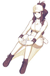 1girl bag bare_shoulders baseball_cap between_breasts breasts brown_theme cleavage closed_mouth dyun full_body hat highres hilda_(pokemon) hugging_own_legs large_breasts looking_at_viewer monochrome nintendo pokemon pokemon_bw ponytail shoes shoulder_bag simple_background sitting socks solo strap_between_breasts white_background wristband
