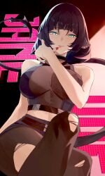Rule 34 | 1girl, animal ears, arched bangs, black choker, black hair, black shorts, blue eyes, breasts, brown pantyhose, character name, choker, commentary, crop top, crossed legs, feet out of frame, from below, hashtag-only commentary, highres, jane doe (zenless zone zero), large breasts, lips, looking at viewer, midriff, mouse ears, mouse girl, mouse tail, naig (naiji), nail polish, pantyhose, parted lips, pointy ears, red nails, shade, sharp tail, short hair, short shorts, shorts, sitting, skin tight, sleeveless, smile, solo, tail, torn clothes, torn pantyhose, zenless zone zero
