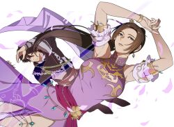 1boy 1girl armpits arms_behind_head black_hair bracelet breasts brown_hair china_dress chinese_clothes detached_sleeves diao_chan diao_chan_(shin_sangoku_musou) dress earrings green_eyes hair_between_eyes highres igusaharu jewelry large_breasts long_hair parted_bangs parted_lips ponytail purple_dress sash shin_sangoku_musou shin_sangoku_musou_origins twitter_username upper_body waist_sash white_background wide_sleeves ziluan_(shin_sangoku_musou)