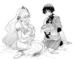 1boy 1girl aged_up alternate_costume alternate_hairstyle alternate_universe arm_cutout armlet armor baby baby_carry blunt_ends bodysuit bracelet braid breastfeeding breasts bridal_gauntlets cape carrying choker cleavage closed_mouth collarbone detached_sleeves dress eyelashes family fingernails fringe_trim gem genshin_impact greyscale hair_ornament hakama hakama_shorts half-closed_eyes half_crown_braid highres holding holding_pillow husband_and_wife if_they_mated japanese_armor japanese_clothes jewelry kimono kneeling kote large_breasts leaf leaf_hair_ornament long_braid long_hair looking_at_another mandarin_collar middle_ring monochrome mother_and_daughter nahida_(genshin_impact) open_clothes open_kimono open_mouth pillow pleated_shorts ring scaramouche_(genshin_impact) shorts shoulder_peek side_braid sidelocks sitting snc_tozai stirrup_footwear strapless strapless_dress sweatdrop toes twitter_username vision_(genshin_impact) wanderer_(genshin_impact) watermark wavy_hair wedding_ring wispy_bangs yokozuwari