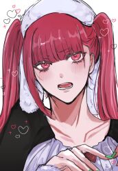 Rule 34 | 1girl, bleach, collarbone, dokugamine riruka, female focus, green nails, hat, heart, highres, light blush, namahamumn, open mouth, purple eyes, purple hair, shy, simple background, solo, teeth, tongue, twintails, upper body, white background