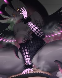 1boy 1girl absurdres black_dress breasts choker collarbone colored_skin cowgirl_position detached_sleeves dress fate/grand_order fate_(series) girl_on_top glasses glowing glowing_eyes grey_hair grey_skin hetero highres horns jacques_de_molay_(foreigner)_(fate) kymp large_breasts looking_at_viewer male_pubic_hair nipples one_breast_out parted_lips penis pubic_hair pussy sex short_dress short_hair smile spread_legs straddling sweat thighs vaginal yellow_eyes