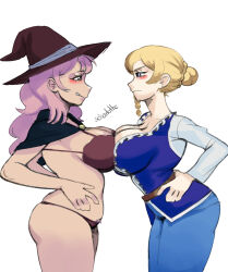 2girls belt bikini black_clover blonde_hair blue_eyes blush breasts charlotte_roselei cleavage_cutout clothing_cutout dress female_focus hat highres large_breasts multiple_girls pink_eyes pink_hair rivalry rivalry sideboob smile swimsuit teasing thick_thighs thighs vanessa_enoteca witch_hat