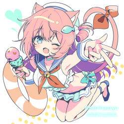 1girl animal_ear_fluff animal_ears aqua_bow aqua_choker bell bikini blue_eyes blue_sailor_collar blue_shoes bow cat_ears cat_girl cat_tail choker cropped_shirt fang fish_hair_ornament food frilled_bikini frilled_shirt frills hair_ornament hat heart holding holding_ice_cream_cone ice_cream ice_cream_cone innertube jingle_bell jumping long_hair natsuki_marina navel neckerchief one_eye_closed one_side_up open_mouth original pink_hair red_neckerchief red_ribbon ribbon sailor_collar sailor_hat shirt shoes skin_fang sleeveless sleeveless_shirt smile solo swim_ring swimsuit tail tail_ornament tail_ribbon v white_background white_shirt wrist_cuffs