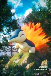 3d blurry blurry_background celebi350300687 cyndaquil day fire gen_2_pokemon highres nintendo no_humans outdoors pokedex_number pokemon pokemon_(creature) pokemon_focus rock solo