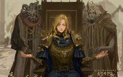3boys armor black_robe blonde_hair blue_cape bracer brothers cape cuirass dragon elden_ring godwyn_the_golden gravitydusty grey_eyes grey_hair grey_robe highres horns mohg_lord_of_blood morgott_the_omen_king multiple_boys pauldrons cleaning_rag robe sharp_teeth shoulder_armor siblings teeth throne yellow_eyes