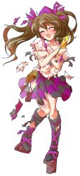 Rule 34 | 1girl, alphes (style), black necktie, black skirt, black socks, blush, brown hair, cellphone, collarbone, collared shirt, commentary request, dairi, defeat, flip phone, frilled shirt collar, frills, full body, geta, hair between eyes, hair ribbon, hand up, hat, heart, himekaidou hatate, holding, holding phone, kneehighs, large variant set, long hair, miniskirt, multicolored skirt, necktie, parody, phone, plaid clothes, plaid skirt, pouch, purple hat, purple ribbon, purple skirt, ribbon, shirt, skirt, socks, solo, standing, standing on one leg, style parody, tachi-e, tengu-geta, tokin hat, torn clothes, touhou, transparent background, twintails, variant set, white shirt