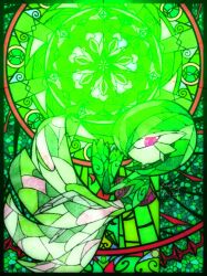 bob_cut colored_skin dress from_side gardevoir gen_3_pokemon green_hair green_skin highres multicolored_skin nintendo noive_n71 pokemon pokemon_(creature) signature stained_glass two-tone_skin white_dress white_skin
