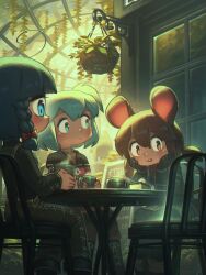 3girls absurdres ahoge animal_ears aqua_eyes aqua_hair blue_hair braid brown_eyes brown_hair buck_teeth chair commentary cup cyclops english_commentary fantasy green_eyes head_rest highres holding holding_cup looking_at_another low_twintails mouse_ears multiple_girls one-eyed original plant porforever potted_plant relica_(porforever) short_twintails sitting table teacup teeth twintails