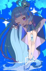 absurdly_long_hair ahoge aokaze_nana bare_legs bare_shoulders blue_background blue_boots blue_bow blue_bridal_gauntlets blue_hair blue_shirt blue_skirt blue_sleeves blunt_bangs boots bow bracelet clip_studio_paint_(medium) cure_wink detached_sleeves diamond_hair_ornament eyelashes finger_to_cheek frilled_skirt frills hair_bobbles hair_bow hair_bun hair_ornament hairband hand_on_own_knee headset heart heart-shaped_hair highres jewelry kimi_to_idol_precure long_hair magical_girl miniskirt multicolored_boots multicolored_hair natadekoko_(nata_hfa) one_eye_closed open_mouth paint_splatter paint_splatter_on_face plaid_bow plaid_clothes plaid_sleeves platform_boots pleated_sleeves precure purple_eyes purple_hair shirt short_sleeves single_hair_bun skirt smile sparkle standing strapless strapless_shirt streaked_hair tareme thigh_strap tongue train_(clothing) twitter_username two-tone_boots two-tone_hair very_long_hair wading water white_boots white_hairband