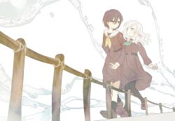 Rule 34 | 2girls, aqua neckerchief, black pantyhose, black socks, breasts, brown dress, brown hair, brown shoes, ceras yanagida lilienfeld, churhami, closed mouth, dress, edel note, eye contact, full body, grey hair, hair ornament, hair ribbon, hasu no sora school uniform, highres, katsuragi izumi, link! like! love live!, loafers, long hair, long sleeves, looking at another, love live!, mary janes, medium breasts, medium dress, multiple girls, neckerchief, pantyhose, pink ribbon, pleated dress, ribbon, sailor collar, sailor dress, school uniform, shoes, smile, socks, triangle hair ornament, v-shaped eyebrows, virtual youtuber, walking, white background, white sailor collar, winter uniform, wolf cut, yellow neckerchief