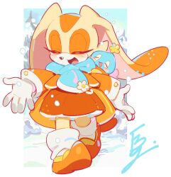 1girl :d animal_ears animal_nose blue_scarf blush border chao_(sonic) cheese_(sonic) closed_eyes coat cream_the_rabbit dress full_body furry furry_female gloves highres long_sleeves looking_at_viewer multicolored_fur open_mouth orange_coat orange_dress orange_fur orange_shoes outdoors rabbit_ears rabbit_girl scarf shoes smile snow socks sonic_(series) sonic_channel standing very_long_ears weon1119 white_border white_gloves white_socks yellow_fur