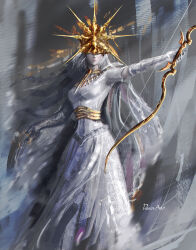 1girl artist_name bow_(weapon) breasts closed_mouth commentary covered_eyes crown dark_souls_(series) dark_souls_i dark_sun_gwyndolin develvdeva dress english_commentary genderswap genderswap_(mtf) highres holding holding_bow_(weapon) holding_weapon long_dress medium_breasts solo standing weapon white_dress