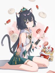 1girl animal_ear_fluff animal_ears steamed_bun bare_shoulders barefoot black_hair breasts cake cat_ears cat_girl cat_tail closed_mouth detached_sleeves eating food full_body green_skirt hair_ornament heart highres holding holding_food honkai:_star_rail honkai_(series) jewelry long_hair looking_at_viewer lycsakd sitting skirt small_breasts solo tail tanghulu wariza yellow_eyes yunli_(honkai:_star_rail)