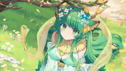 1girl animal_ears antlers blush breasts cleavage cleavage_cutout closed_mouth clothing_cutout deer_ears detached_sleeves dress flower green_dress green_eyes green_hair green_sleeves hair_flower hair_ornament haruka_karibu haruka_karibu_(1st_costume) highres horns long_hair looking_at_viewer medium_breasts noctelle reindeer_antlers reindeer_girl sidelocks smile solo very_long_hair virtual_youtuber vshojo