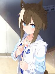 Rule 34 | 1girl, anchor hair ornament, anchor symbol, animal ears, bikini, blue bikini, blue eyes, blue swim trunks, braid, brown hair, cheval grand (summer calm navy drop) (umamusume), cheval grand (umamusume), closed mouth, commentary request, day, drawstring, ear ornament, hair ornament, half up braid, heart, heart necklace, highres, hood, hooded jacket, horse ears, horse girl, horse tail, jacket, jewelry, long sleeves, looking at viewer, multicolored hair, necklace, official alternate costume, official alternate hairstyle, outdoors, sagen, shell, shell necklace, short hair with long locks, smile, solo, star (symbol), streaked hair, sunlight, swimsuit, tail, umamusume, white hair, white jacket