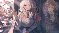 Rule 34 | 2girls, blazer, blonde hair, blue jacket, blue overskirt, blue skirt, blush, bottle, breasts, brown hair, cherry blossoms, gakuen idolmaster, hatsuboshi gakuen school uniform, highres, himesaki rinami, idolmaster, jacket, juo sena, large breasts, light rays, long sleeves, medium breasts, multiple girls, pleated skirt, purple eyes, school uniform, sideways glance, sitting, skirt, sleeping, water bottle, white jacket, yorikaze