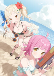 absurdres ahoge alternate_costume alternate_hairstyle armband bare_shoulders beach blonde_hair blush braid breasts brown_eyes cleavage collarbone day dutch_angle floral_print_bikini flower frilled_armband frills hair_flower hair_ornament hand_on_own_hip highres holding holding_water_gun horizon jewelry knees_together_feet_apart large_breasts leaning_forward long_hair looking_at_viewer love_live! love_live!_nijigasaki_high_school_idol_club miyashita_ai necklace ocean open_mouth outdoors pink_hair red_flower sandals shirt short_hair side_ponytail single_braid standing swept_bangs tennoji_rina thighs tied_shirt toes water_gun white_armband white_shirt yuu_(shampoohatslime)