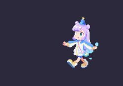 1girl :d animated animated_gif bike_shorts blue_hair blue_hat bouncing hat jacket mini_hat monster_girl multicolored_hair open_mouth oyuzaki_(ayuzaki) pixel_art puniru_(puniru_wa_kawaii_slime) puniru_wa_kawaii_slime purple_hair shoes simple_background slime_girl smile solo star_(symbol) transformation walking white_jacket yellow_shoes