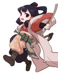 1girl black_eyes black_hair black_pants canteen from_side hair_tubes highres hoe holding japanese_clothes long_sleeves looking_at_viewer looking_to_the_side open_mouth pants puffy_pants sakuna-hime sandals simple_background solo sumiyao_(amam) tensui_no_sakuna-hime white_background wide_sleeves