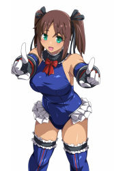 1girl alice_gear_aegis blue_leotard blue_one-piece_swimsuit blue_thighhighs breasts brown_hair cosplay dark-skinned_female dark_skin dead_or_alive female_focus frilled_leotard frilled_thighhighs frills green_eyes highres kaneshiya_sitara large_breasts leotard long_hair looking_at_viewer marie_rose marie_rose_(cosplay) one-piece_swimsuit open_mouth pointing pointing_at_viewer simple_background smile solo swimsuit thighhighs twintails white_background yukitaka