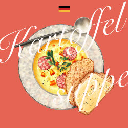 bread carrot cheese food food_focus food_name german_flag highres meat nasie no_humans original plate potato_soup red_background simple_background soup spoon