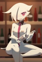 1girl bandaid bandaids_on_nipples bar_(place) beak bird_girl bird_tail blurry blurry_background blush bottle breasts bright_pupils commentary dated detached_collar english_commentary furry furry_female hair_over_one_eye highres holding holding_bottle kaltespur looking_at_viewer medium_breasts necktie nude open_mouth original pasties red_eyes red_necktie shelf signature sitting sitting_on_bar solo tail white_hair white_pupils