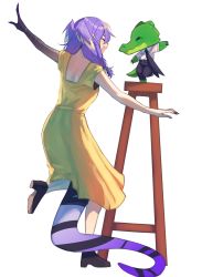 1girl alligator black_footwear braid collared_shirt commission crocodilian dancing dragon_tail dress head_wings high_heels highres jess_(p2eocene) la_la_land leg_up nijisanji nijisanji_en parody purple_hair selen_tatsuki shirt solo_focus stool tail twin_braids virtual_youtuber white_background white_shirt wings yellow_dress