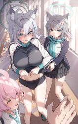 1other 3girls anger_vein animal_ears aqua_halo black_buruma black_jacket blue_archive blue_halo breasts buruma closed_eyes cross cross_hair_ornament grey_hair hair_ornament hallway halo highres hoshino_(blue_archive) inverted_cross jacket large_breasts long_hair maruta_(shummylass) miniskirt mismatched_pupils multiple_girls open_mouth pink_hair pleated_skirt pov pov_hands shiroko_(blue_archive) shiroko_terror_(blue_archive) shirt short_hair skirt smile socks standing track_jacket white_shirt white_socks wolf_ears wolf_girl