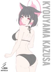 1girl alternate_costume animal_ears ass back backboob bare_shoulders bikini black_bikini black_hair blue_archive blunt_ends blush bob_cut breasts bright_pupils cat_ears cat_girl character_name clenched_hand closed_mouth colored_inner_hair commentary cowboy_shot extra_ears eyelashes from_behind hair_behind_ear hair_ornament hairclip halo halterneck highres kazusa_(blue_archive) looking_at_viewer looking_back medium_breasts multicolored_hair pink_hair pink_halo realen red_eyes short_hair signature simple_background smile solo split_mouth straight_hair swimsuit symbol-only_commentary turning_head twitter_username two-tone_hair white_background