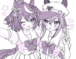 2girls ;d animal_ears blush_stickers breasts cheval_grand_(umamusume) ears_through_headwear hair_between_eyes hand_up hat heart horse_ears horse_girl horse_tail kitasan_black_(umamusume) medium_breasts monochrome multiple_girls o_(_oomua) one_eye_closed open_mouth peaked_cap pleated_skirt puffy_short_sleeves puffy_sleeves reaching reaching_towards_viewer school_uniform selfie shirt short_sleeves signature simple_background skirt smile star_(symbol) tail tracen_school_uniform two_side_up umamusume v white_background