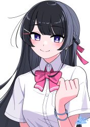 1girl black_hair blue_eyes blush bow bowtie hair_ornament hairclip highres long_hair looking_at_viewer negiponzu nijisanji shirt simple_background smile solo tsukino_mito upper_body virtual_youtuber white_background white_shirt