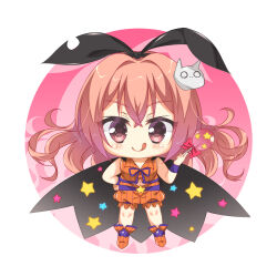 1girl :q alternate_costume alternate_hairstyle bare_shoulders black_cape black_ribbon blush boots bow candy cape cat_hair_ornament chibi chibi_only closed_mouth collared_shirt commentary_request crossed_bangs floating_hair food full_body fuyukichi_(nikoniko1567) hair_between_eyes hair_down hair_intakes hair_ornament hair_ribbon halloween_costume hand_on_own_hip hand_up highres holding holding_candy holding_food holding_lollipop inaba_meguru lollipop long_hair looking_at_viewer midriff_peek navel neck_ribbon orange_boots orange_hair orange_shirt orange_shorts pink_background print_cape purple_ribbon purple_wrist_cuffs red_bow red_eyes ribbon sanoba_witch shirt shorts simple_background sleeveless sleeveless_shirt smile solo standing star_(symbol) star_ornament star_print striped_clothes striped_shirt striped_shorts tongue tongue_out vertical-striped_clothes vertical-striped_shirt vertical-striped_shorts wrist_cuffs