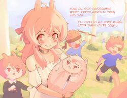 2boys 4girls 4others :&lt; absurdres ambiguous_gender animal_ears baby bandana black_bandana black_dress black_shorts blue_shirt blush_stickers breasts bush child choker cleavage creepypasta day dress english_text eyepatch grass grey_choker heart highres holding holding_knife holding_stick indie_virtual_youtuber kirsche_verstahl knife long_hair miltaire94 multiple_boys multiple_girls multiple_others outdoors phase_connect pink_eyes pink_hair pipkin_pippa rabbit_boy rabbit_ears rabbit_girl shirt short_hair shorts slender_man smile stick tenma_maemi tree virtual_youtuber white_dress