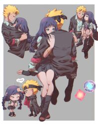 1boy 1girl ariamikukanzaki belt black_cloak black_dress black_gloves black_headband black_jacket blonde_hair blue_eyes boruto:_two_blue_vortex bracelet braid brown_belt cloak commentary_request dress facial_mark fingerless_gloves forehead_protector frown gloves headband headpat highres hug invisible_chair jacket jewelry kakei_sumire loose_hair_strand low_twin_braids naruto_(series) one_eye_closed pleated_dress purple_eyes purple_hair scar scar_across_eye scar_on_face shared_clothes shoes short_dress sitting toeless_footwear twin_braids twitter_username uzumaki_boruto whisker_markings