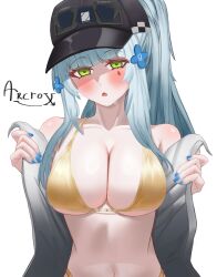 1boy 1girl absurdres arcrox bare_shoulders bikini black_hat blue_nails blush breasts cleavage clothes_pull commander_(girls&#039;_frontline) commentary cross english_commentary facepaint girls&#039;_frontline girls&#039;_frontline_2:_exilium green_eyes hair_ornament hairclip hands_up hat highres hk416_(girls&#039;_frontline) iron_cross jacket jacket_pull klukai_(girls&#039;_frontline_2) large_breasts looking_at_viewer navel off_shoulder open_clothes open_jacket ponytail presenting solo_focus swimsuit teardrop textless_version white_hair white_jacket yellow_bikini