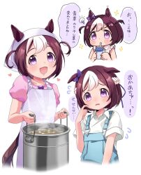 Rule 34 | 1girl, :d, aged down, animal ears, apron, bare shoulders, blush, blush stickers, bow, brown hair, chibi, collared shirt, commentary request, cooking pot, drinking straw, drooling, food, heart, highres, holding, horse ears, horse girl, horse tail, light bulb, moko39 takasora, mouth drool, multicolored hair, multiple views, open mouth, overalls, parted lips, pink shirt, puffy short sleeves, puffy sleeves, purple bow, purple eyes, shirt, short sleeves, simple background, sleeveless, sleeveless shirt, smile, special week (umamusume), steam, tail, translation request, two-tone hair, two side up, umamusume, v-shaped eyebrows, white apron, white background, white hair, white shirt
