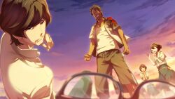 2boys 2girls angry black_hair blood blood_from_mouth blue_bow blurry blurry_foreground bow brown_eyes brown_hair chest_bow chuo_tanegashima_high_school_uniform clenched_hands cloud collarbone crack cracked_glass daitoku_junna dark-skinned_male dark_skin domestic_violence dutch_angle father_and_son from_below fukuda_tomonori game_cg glasses green_skirt hidaka_hiromu hidaka_subaru high-waist_skirt highres long_hair multiple_boys multiple_girls narrowed_eyes no_eyewear official_art open_mouth outdoors pectorals pleated_skirt robotics;notes sailor_collar school_uniform senomiya_akiho serafuku shirt short_hair short_sleeves skirt sky standing sunset surprised unworn_eyewear wiping_blood