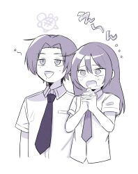 1boy 1girl :d :o blush breast_pocket brother_and_sister collared_shirt commentary_request curtained_hair dress_shirt furrowed_brow futsuu_no_keion-bu hair_between_eyes hands_up highres kameya_kazushi kameya_san long_hair mole mole_on_cheek mole_under_eye mole_under_mouth monochrome necktie open_mouth osada_sushi own_hands_together pocket purple_theme school_uniform shirt short_hair siblings simple_background smile summer_uniform tearing_up turtle twins upper_body white_background