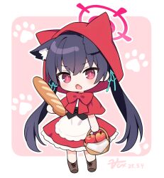 1girl animal_ears apple baguette black_hair blue_archive bread capelet chibi cosplay fang food fruit halo holding hood little_red_riding_hood_(grimm) little_red_riding_hood_(grimm)_(cosplay) red_capelet red_eyes serika_(blue_archive) solo twintails zcx