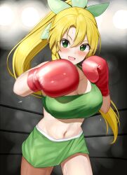 Rule 34 | 1girl, alternate costume, blonde hair, blurry, blurry background, blush, boxing, boxing gloves, boxing ring, boxing shorts, braid, breasts, cleavage, commentary request, commission, cowboy shot, gloves, green eyes, green shorts, green sports bra, hair between eyes, hair ornament, highres, large breasts, leafa (sao), long hair, looking at viewer, midriff, navel, open mouth, partial commentary, ponytail, px-tea, red gloves, shorts, skeb commission, smile, solo, sports bra, standing, sweat, sword art online