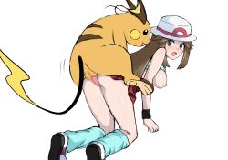 1girl 1other absurdres animal_penis ass bent_over bestiality breasts brown_eyes brown_hair censored clothing_aside gen_1_pokemon hat highres interspecies leaf_(pokemon) long_hair looking_back nintendo nipples nivi open_mouth penis pokemon pokemon_frlg pokephilia raichu sex shirt shoes skirt socks white_background wristband