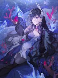 Rule 34 | 1girl, absurdres, black hair, black thighhighs, blue dress, bone, breasts, cleavage, commentary, coral, dress, fish, gloves, hair ornament, highres, honkai: star rail, honkai (series), hysilens (honkai: star rail), lankie, large breasts, long hair, parted lips, purple eyes, purple gloves, see-through clothes, see-through dress, skeleton, solo, thighhighs, thighs, underwater, very long hair