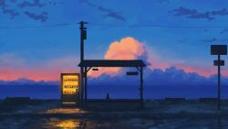 Rule 34 | absurdres, bench, blue clouds, blue sky, cat, cloud, commentary, concrete, dusk, english commentary, highres, mmair, no humans, ocean, orange clouds, original, power lines, reflection, reflective surface, scenery, sign, simple bird, sky, sunset, utility pole, vending machine