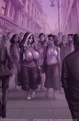 breasts breasts_out cape city crowd gulavisual highres hood huge_breasts lamppost medium_breasts mexico mexico_city monochrome multiple_boys multiple_girls nipples original outdoors pants public_indecency road shoes sneakers street topfreedom