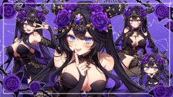 1girl absurdres bare_shoulders black_dress black_hair black_horns black_nails black_sleeves blue_pupils blush breasts chibi chibi_inset cleavage closed_mouth commentary crossed_bangs detached_sleeves double-parted_bangs dress english_commentary finger_to_mouth floral_print flower gem gem_on_head hair_between_eyes hair_flower hair_ornament hand_on_own_chest hand_up highres horns ichiko_1234 index_finger_raised indie_virtual_youtuber inset_border large_breasts long_hair looking_at_viewer multiple_views one_eye_closed open_mouth purple_background purple_eyes purple_flower purple_gemstone second-party_source sleeveless sleeveless_dress smile thorns unjaded_(vtuber) v v_over_eye virtual_youtuber