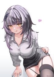 1girl :q black_hair black_nails black_skirt black_thighhighs blunt_bangs breasts brown_eyes cleavage collared_shirt commentary dress_shirt garter_straps grey_hair hand_on_own_hip heart highres hololive hololive_english large_breasts long_hair long_sleeves looking_at_viewer messy_hair multicolored_hair nail_polish noeee pencil_skirt shiori_novella shirt shirt_tucked_in simple_background sitting skirt solo split-color_hair thighhighs tongue tongue_out virtual_youtuber white_background white_shirt yellow_eyes