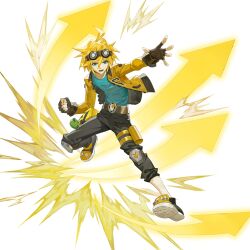 Rule 34 | 1boy, ahoge, alternate costume, aotu world, arrow (symbol), belt, black background, black gloves, black pants, black shoes, blonde hair, blue eyes, blue shirt, brown belt, brown gloves, clenched hand, energy, fingerless gloves, full body, gloves, goggles, goggles on head, hair between eyes, jacket, king (aotu world), knee pads, lightning bolt symbol, long sleeves, looking at viewer, male focus, official art, open clothes, open hand, open jacket, open mouth, outstretched arm, outstretched hand, pants, qi chuang she, shirt, shoes, short hair, simple background, smile, sneakers, solo, spiked hair, third-party source, yellow jacket
